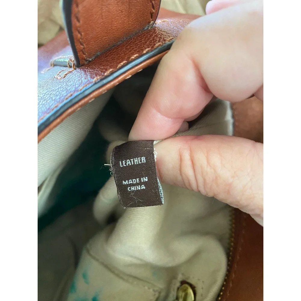 Frye  Lucy Side Pocket Leather Tote Bag Women OS Cognac Brown Pebbled Zip Top
